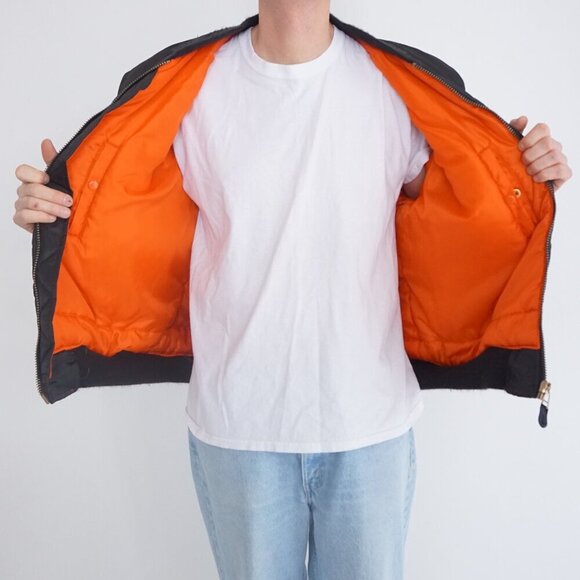 Vintage '90s Tradesman Black Orange Liner Ribbed Zip Up Bomber Pilot Jacket XL - Picture 2 of 13